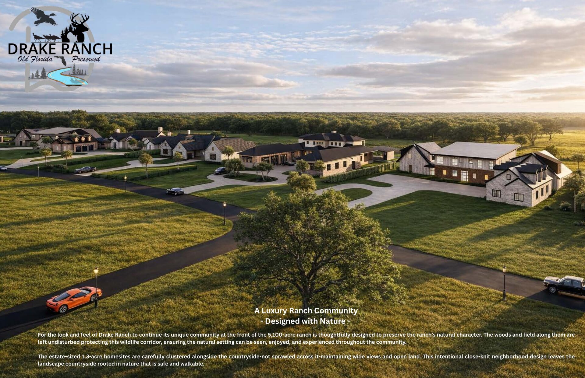 Aerial view of Drake Ranch luxury community with clustered estate homes and preserved countryside