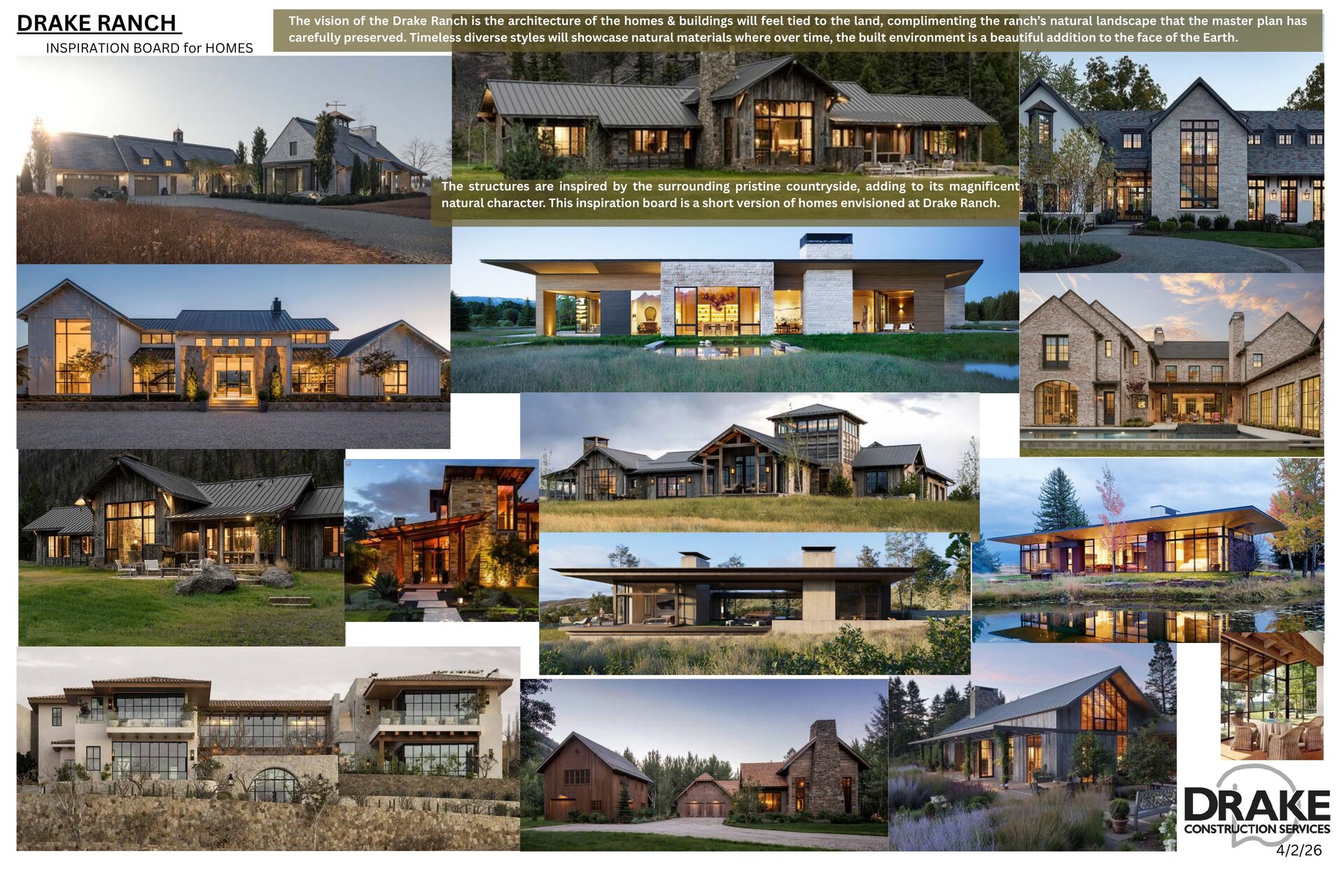 Drake Ranch inspiration board for homes showing natural stone and timber architecture
