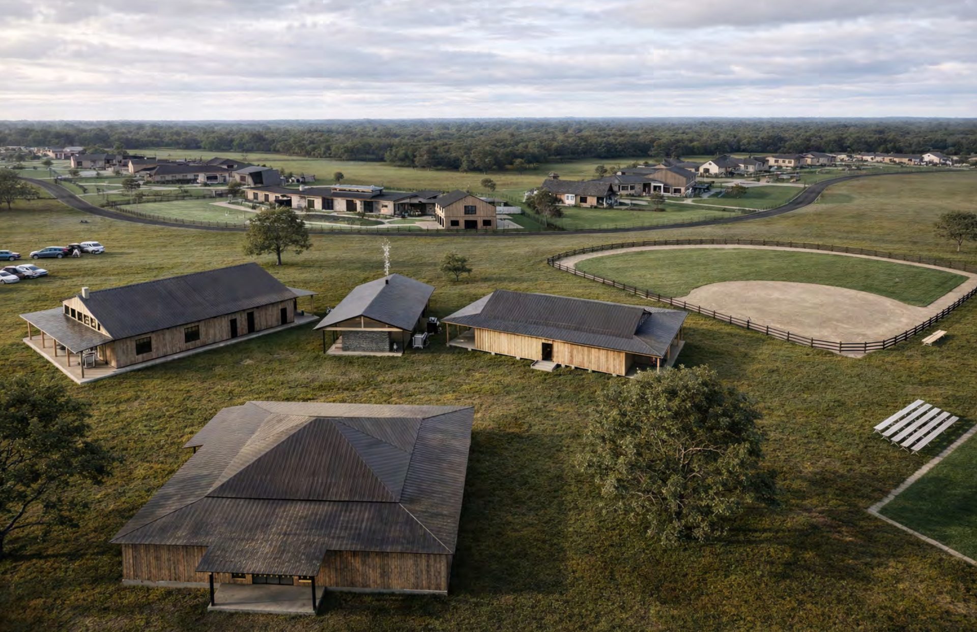 Aerial view of Drake Ranch equestrian campus and community buildings