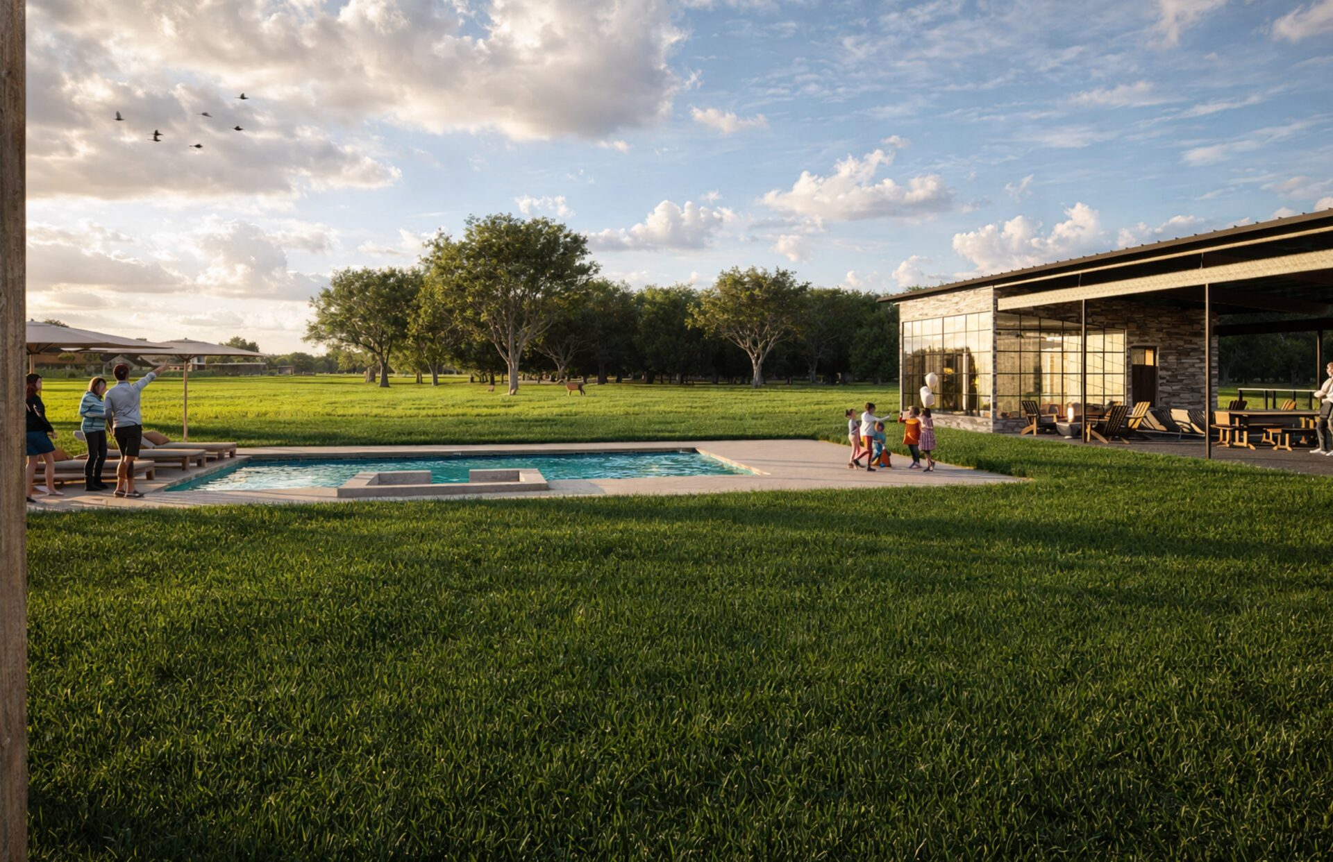Drake Ranch community pool at golden hour with families gathering